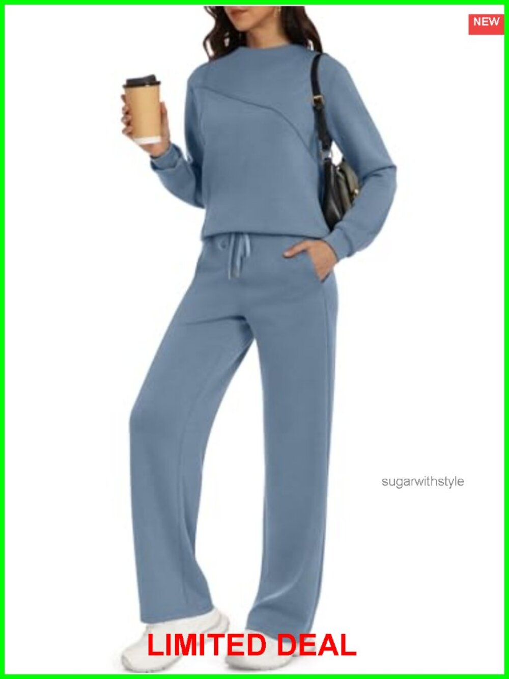Women's 2 Piece Lounge Set Boat Neck Long Sleeve Wide Leg Pants Travel Outfit